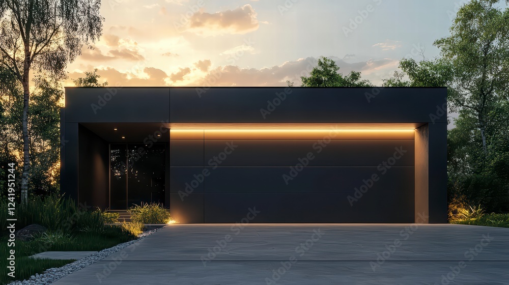 Obraz premium Modern Minimalist Home: A sleek and contemporary architectural design showcasing a minimalist black house with a glowing LED strip and a long driveway. The house stands nestled amidst lush greenery.