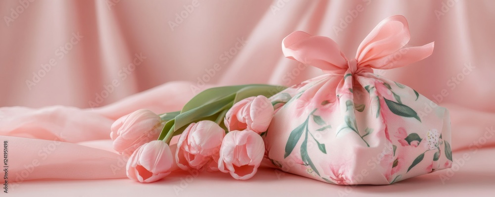 Gift wrapping arrangement with pink tulips on a soft pink background Gift wrapping arrangement with pink tulips on a soft pink background