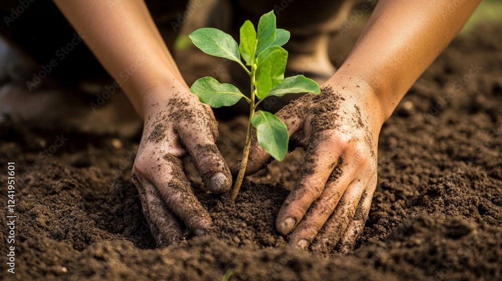 Careful Hands Planting Young Tree Seedling in Rich Dark Soil Careful Hands Planting Young Tree Seedling in Rich Dark Soil