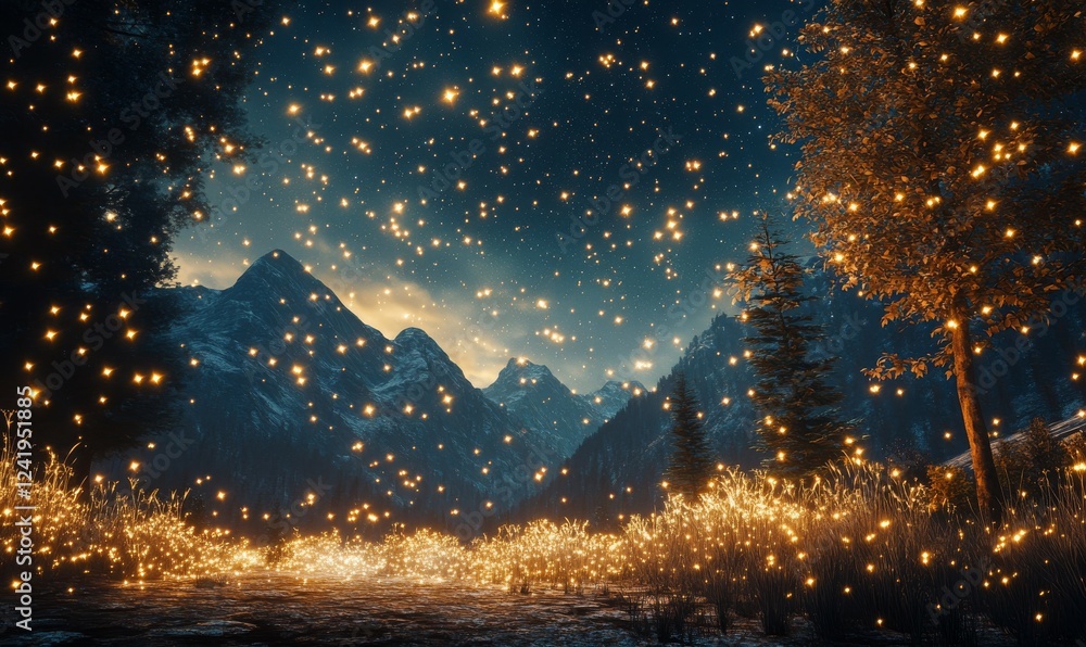 Golden sparkling stars create a magical atmosphere in a cosmic landscape during night time Golden sparkling stars create a magical atmosphere in a cosmic landscape during night time