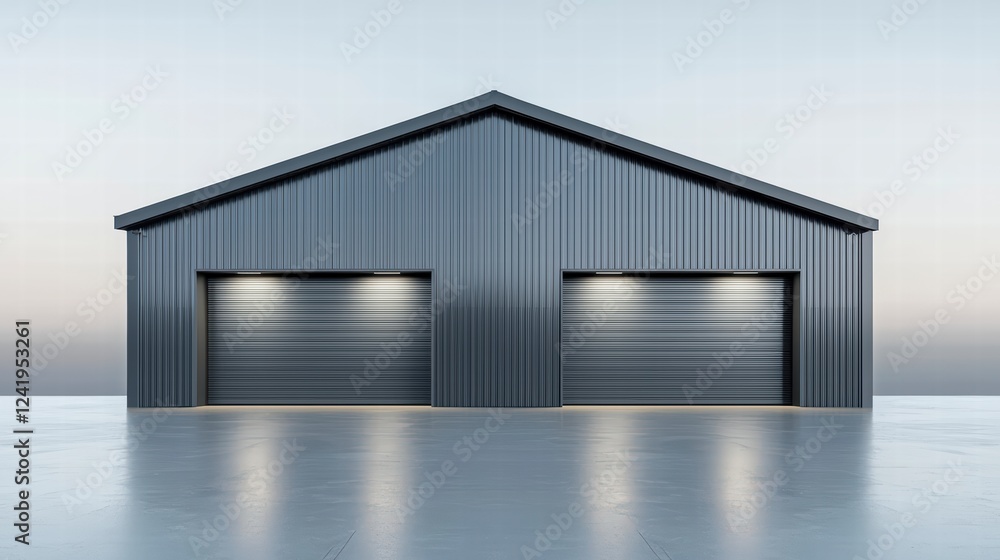 A modern industrial-style garage with two doors, A modern industrial-style garage with two doors,