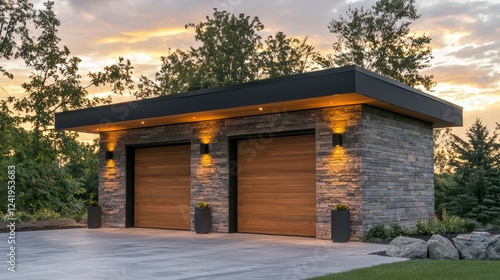 Wallpaper Mural Modern Double Garage at Dusk: A sleek, modern double garage with stone facade and wood doors is beautifully illuminated at dusk, creating a warm and inviting atmosphere. Torontodigital.ca
