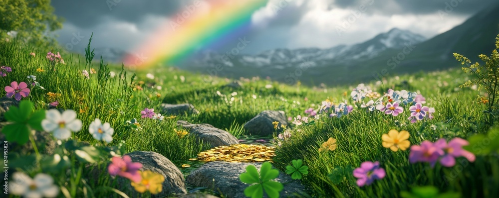 A vibrant rainbow arches over a lush, colorful flower field. A vibrant rainbow arches over a lush, colorful flower field.