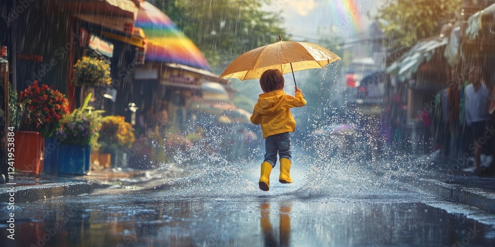 Fototapeta premium Joyful Kid Leaping in Rainy Street, Colorful Umbrella, Happy Child, Puddle Jumping, Cityscape, Wet Asphalt, Yellow Raincoat, Rainbow, Asian Market