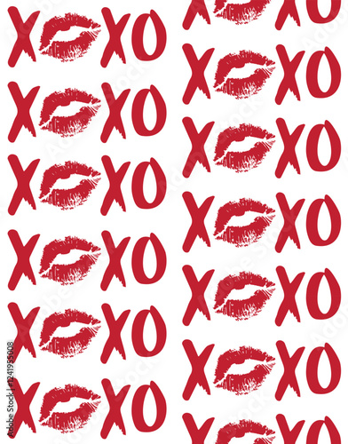 Vector seamless pattern of hand drawn sketch doodle xoxo lettering with lips imprint isolated on white background