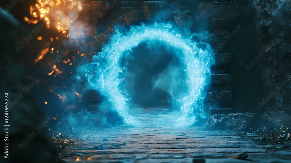 Fototapeta premium Magic spell or energetic arcane magical enchanted portal as png overlay for fantasy books, magic games or rpg. Portal & Dimensional Effects. Illustration