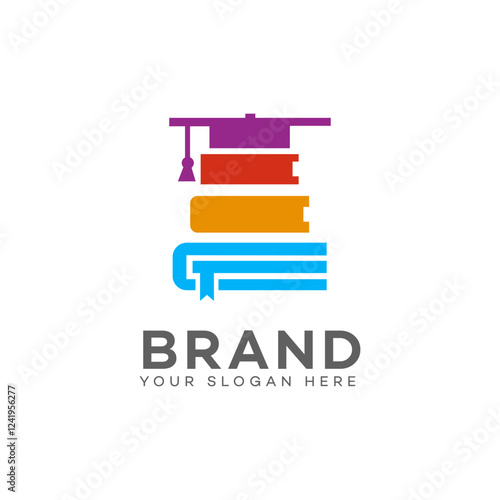 Colorful Books Stacked with Graduation Cap Education Logo Design