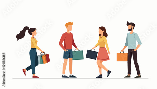 People shopping set. Customers with carts buy products, clothes in retail stores. Buyers make purchases on sale in supermarket, grocery market. Flat isolated vector illustrations on white background