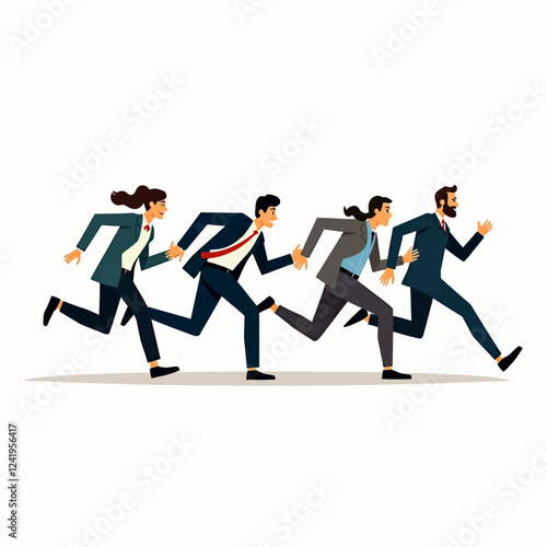 People are rushing, running fast, moving forward. The crowd of employees are late and hurry up. Anxious characters meet deadlines quickly. Business race. Flat vector illustration