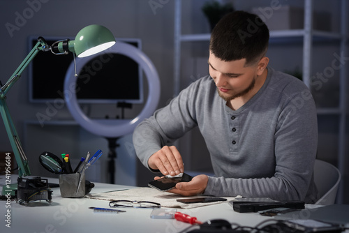 Male technician wiping mobi...