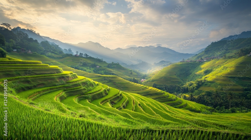 Lush Green Terraced Rice Fields Amidst Mountains and Dramatic Sky Lush Green Terraced Rice Fields Amidst Mountains and Dramatic Sky
