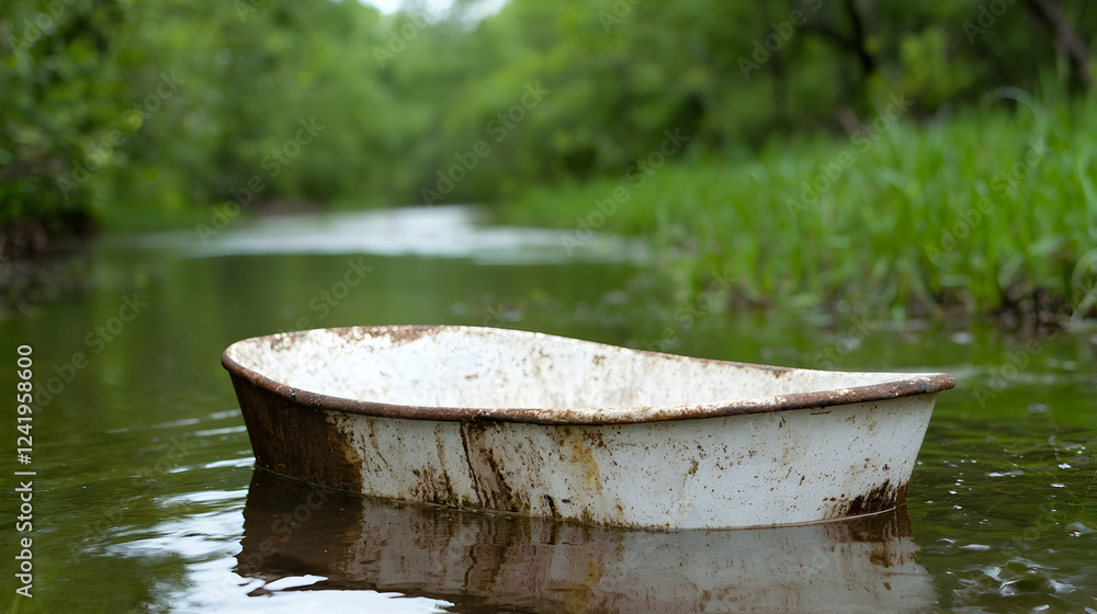 Rusty tub floats in calm stream, green forest background; nature photography Rusty tub floats in calm stream, green forest background; nature photography