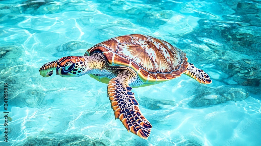 Fototapeta premium Colorful Sea Turtle Swimming in Clear Turquoise Water