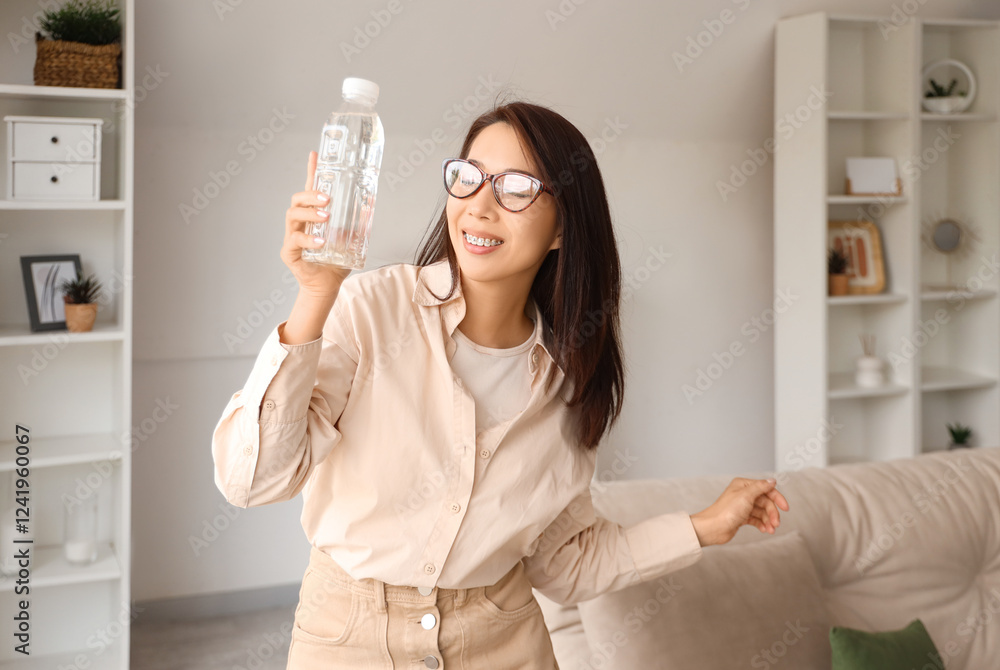 Young Asian woman with bottle of water at home