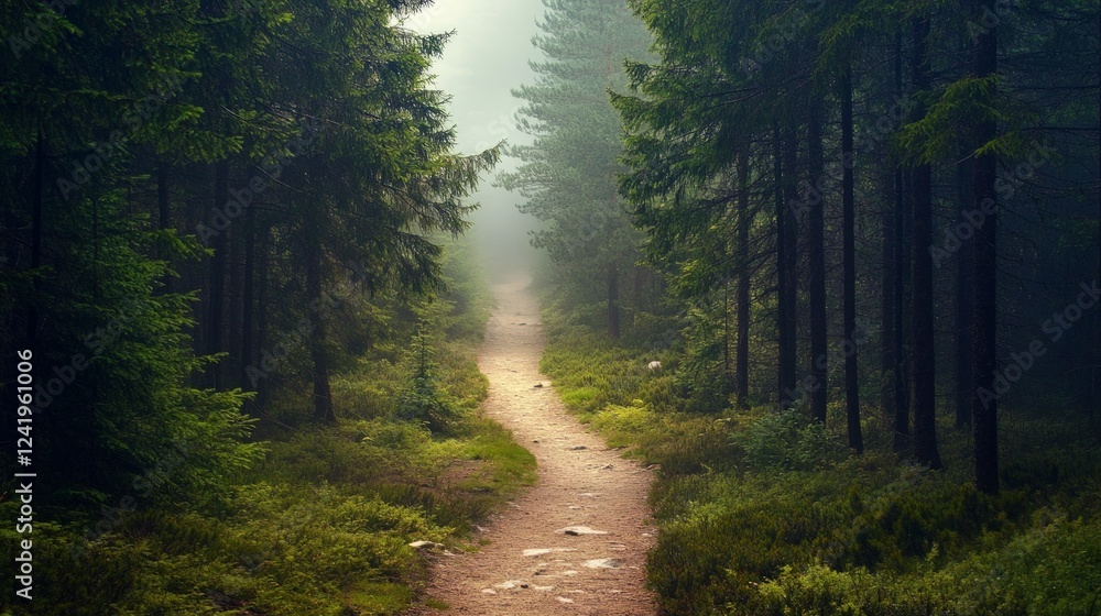 Fototapeta premium Serene Landscape of a Misty Forest Pathway Surrounded by Trees