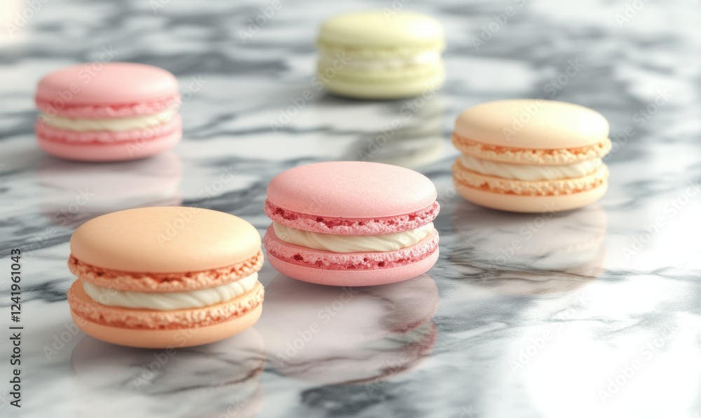 Fototapeta premium Colorful macarons arranged delicately on a marble surface, showcasing pastel hues and intricate textures