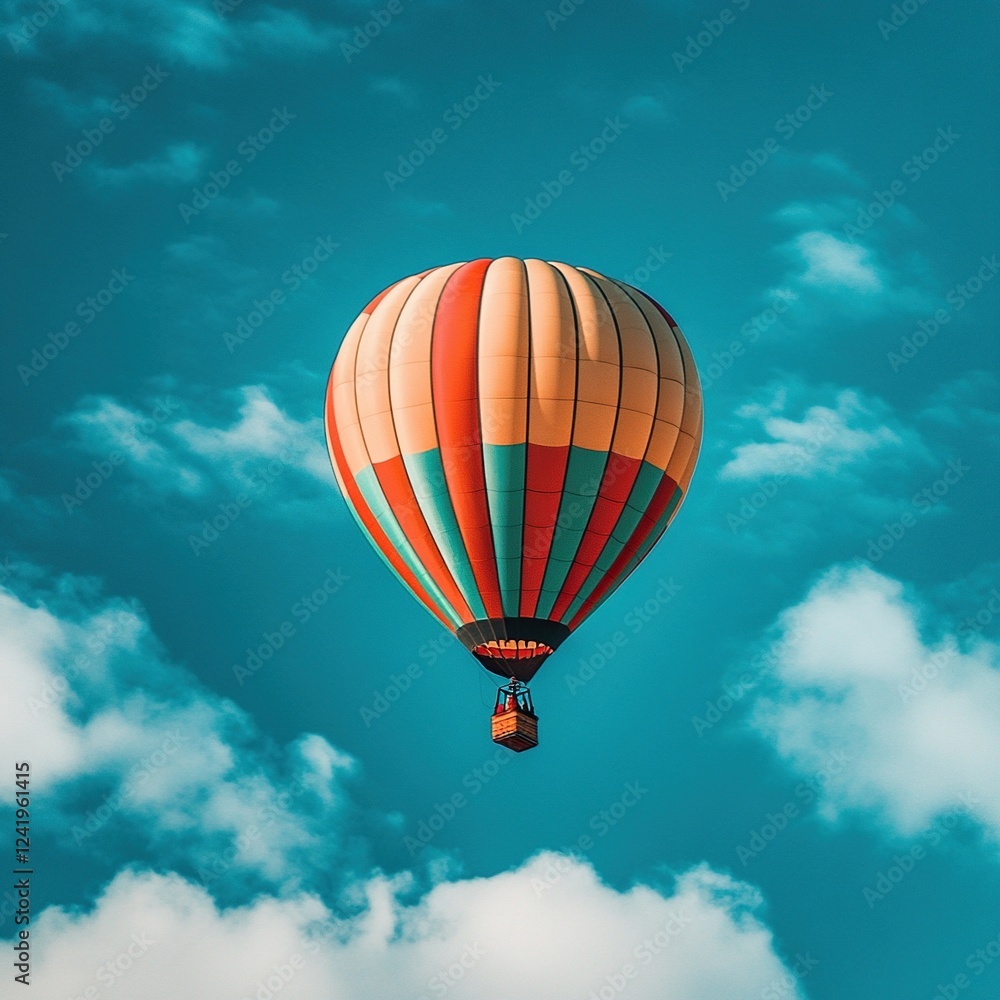 Naklejka premium Colorful hot air balloon soaring through a vibrant blue sky.