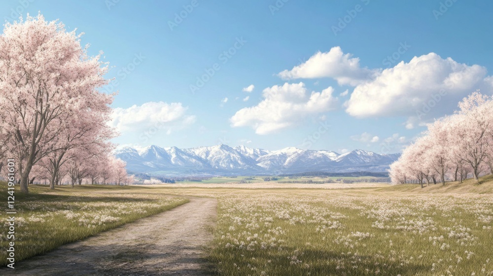Springtime path, blooming trees, mountain view, idyllic landscape Springtime path, blooming trees, mountain view, idyllic landscape