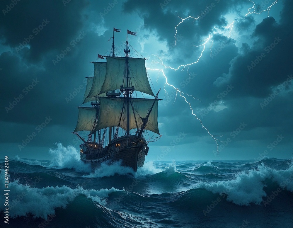 Obraz premium A pirate ship sailing through a storm, crashing waves, lightning in the sky.