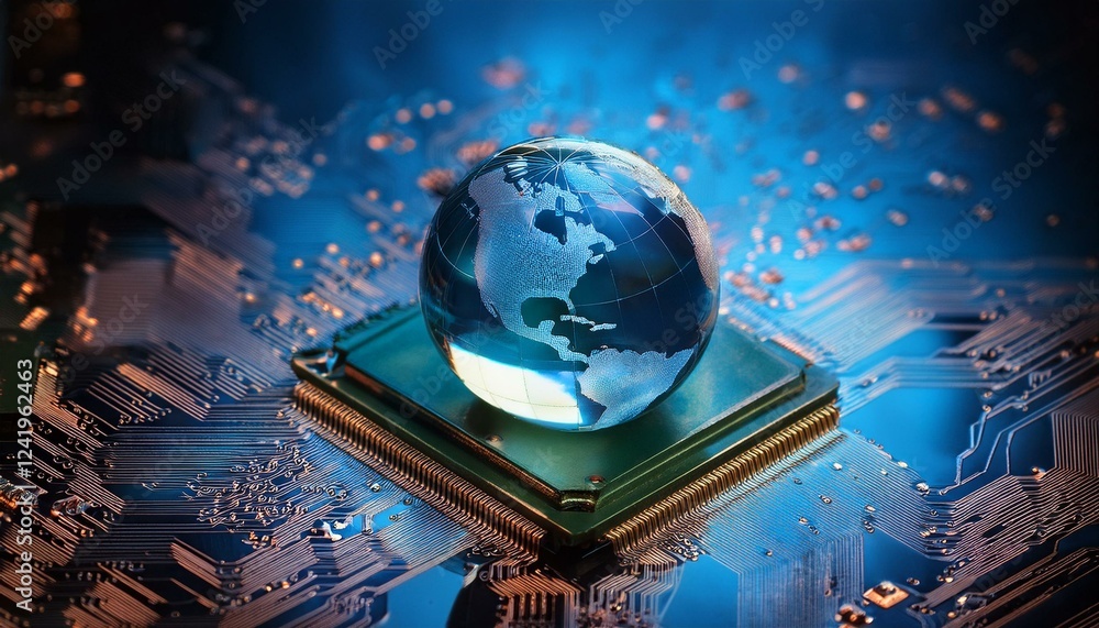 Fototapeta premium 지구본이 대형 컴퓨터 칩 위에 놓여 있다