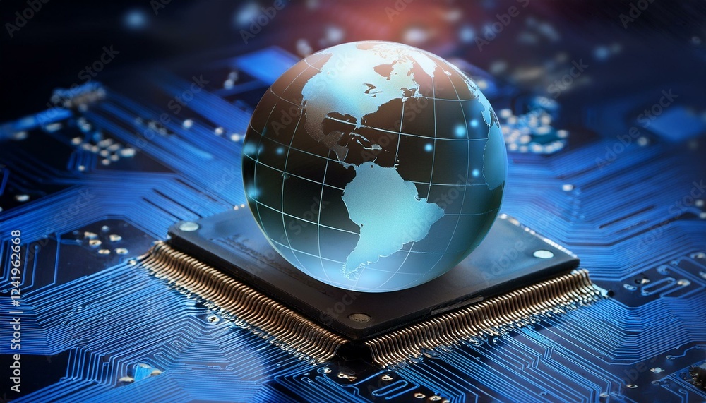 Fototapeta premium 지구본이 대형 컴퓨터 칩 위에 놓여 있다