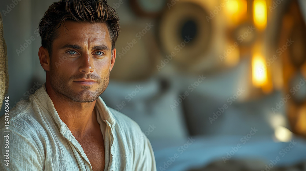 Obraz premium A man in a white cotton shirt getting ready for bed