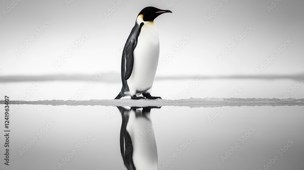 Obraz premium Penguin on Ice A penguin stands on an icy surface, its black-and-white plumage blending with the shadows and snow. The image highlights the penguin's waddling posture and the stark Antarctic landscape