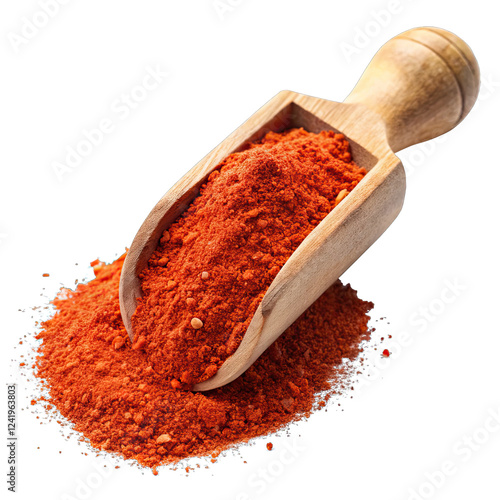 A wooden scoop overflows with bright red chili powder creating a colorful heap on a clean white surface ideal for cooking and seasoning