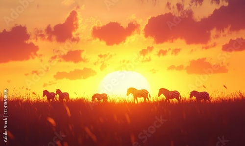 Dramatic silhouette of a wild savannah with zebras walking under a glowing sunset.