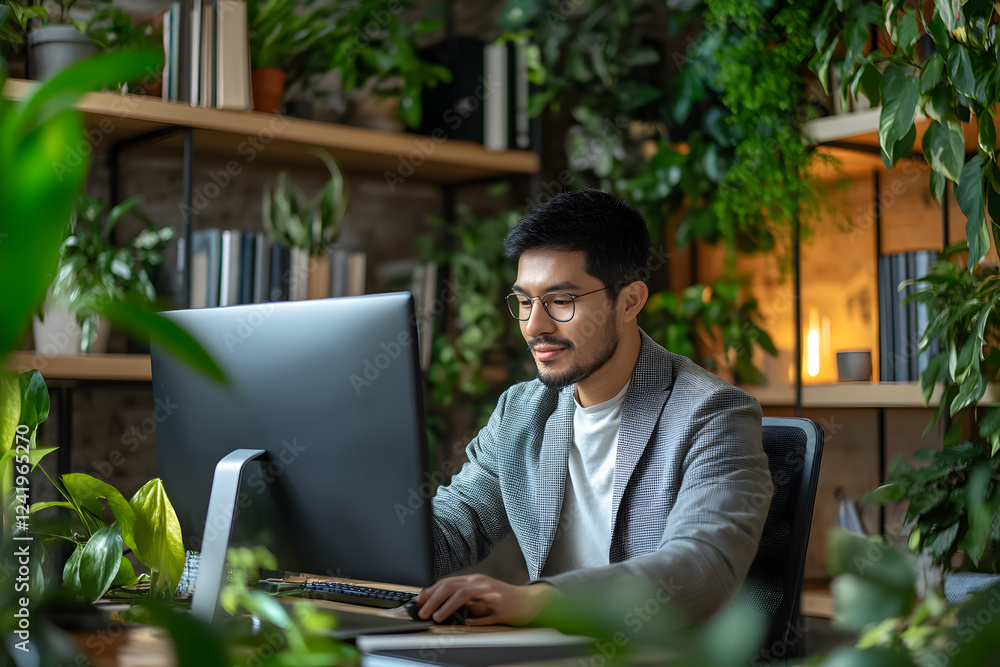 Focused Professional in Modern Office Setting with Organized Bookshelves and Plant Decor Reflecting Productivity and Calm Ambiance Focused Professional in Modern Office Setting with Organized Bookshelves and Plant Decor Reflecting Productivity and Calm Ambiance
