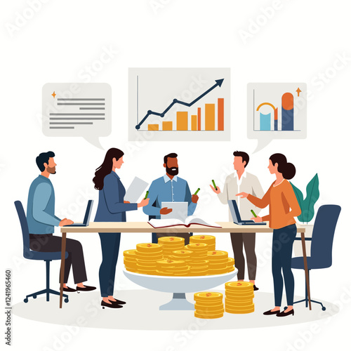 Vector illustration. Office staff write in journal financial analysis in business money gold coins, dollar, yen. Increase sales. Team thinking and brainstorming. Analysis of information.Ethnic people