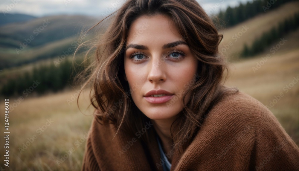 Fototapeta premium A fair-skinned woman with wavy brown hair, wearing a brown coat, looking pensively at the camera in a hilly, grassy landscape.