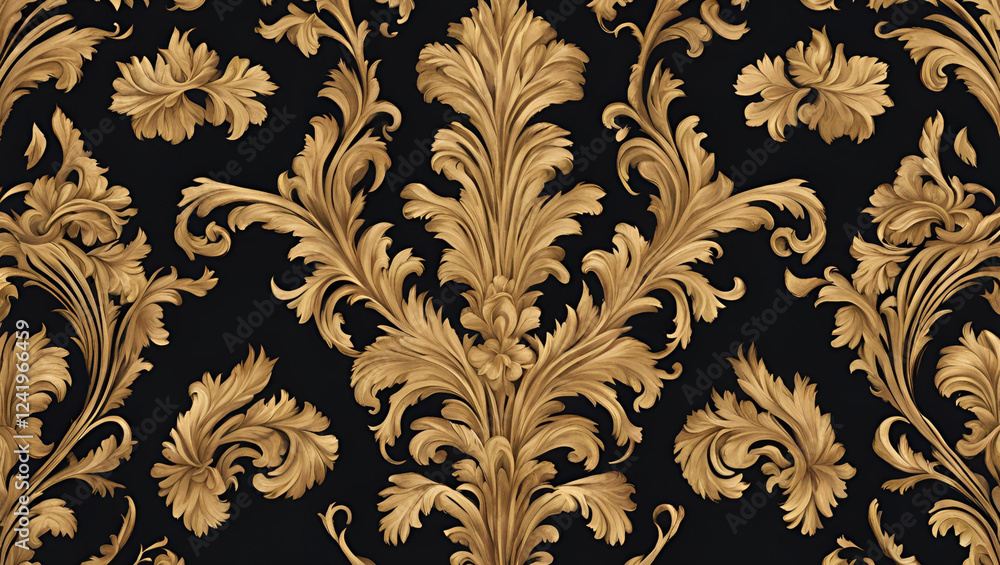 Baroque style embroidered fabric with fine damask patterns Baroque style embroidered fabric with fine damask patterns