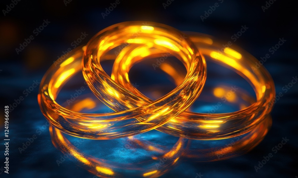 Glowing golden rings with fiery cores spinning dynamically against a cosmic backdrop of deep blues and blacks. Glowing golden rings with fiery cores spinning dynamically against a cosmic backdrop of deep blues and blacks.