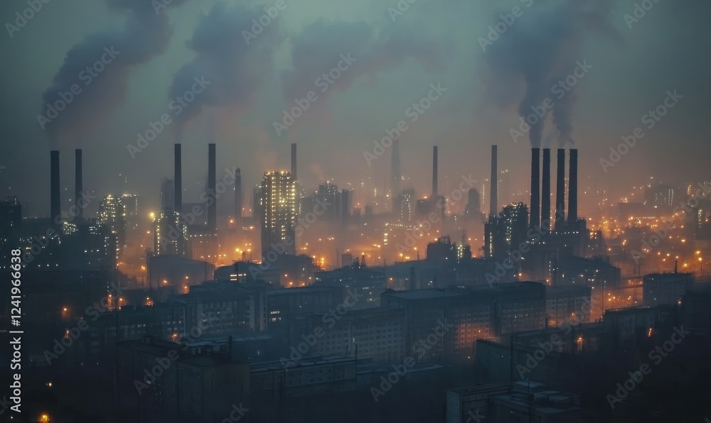 Naklejka premium Glowing industrial cityscape at night under a thick smog blanket, emphasizing urban pollution and modernization, muted colors with bright highlights