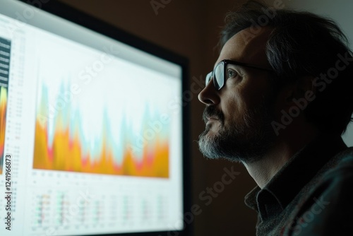 A man wearing glasses analyzes data displayed on a computer screen, focusing intently on colorful charts and graphs.