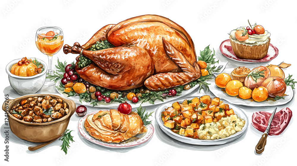 Festive holiday feast with roasted turkey, side dishes, desserts, and vibrant food display on white background - perfect for seasonal dining concepts. Cultural Festivals & Rituals. Illustration