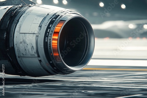 A close-up of a jet engine on the runway with visible heat emanating from the exhaust photo