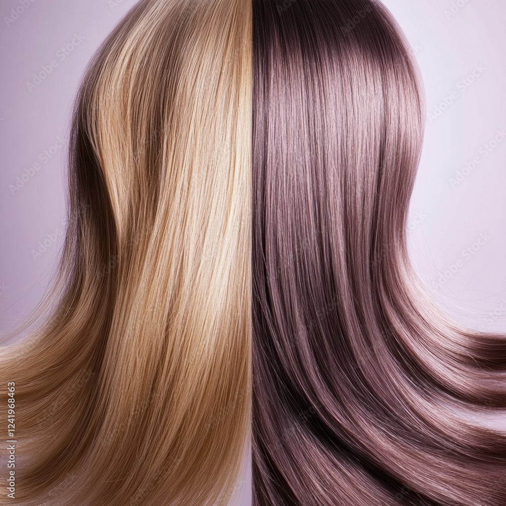 Comparison of damaged dull hair and shiny healthy hair strands highlighting the differences in texture and appearance. Generative AI Comparison of damaged dull hair and shiny healthy hair strands highlighting the differences in texture and appearance. Generative AI