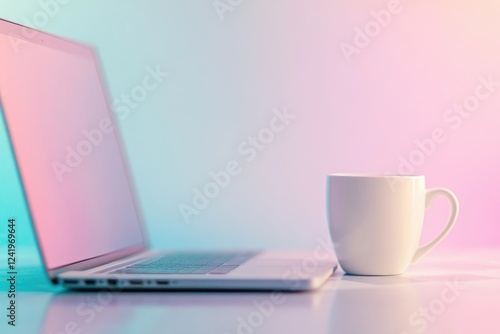 A minimalistic setup with a laptop and coffee mug, bathed in soft pastel hues.