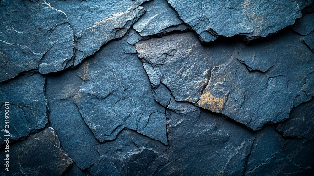 Dark blue slate rock texture with cracked layers, creating a rugged, natural surface. Perfect for projects focusing on geology, nature, or abstract designs, with space for captions.

