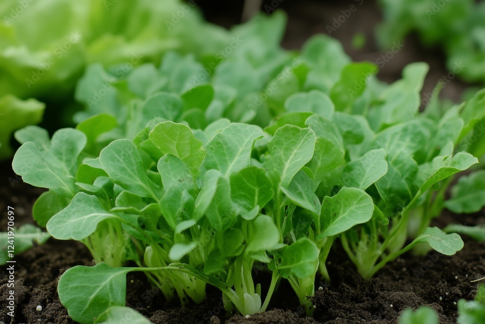 Close-up view reveals vibrant young seedlings emerging from dark fertile soil, showcasing their fresh green leaves as they begin to grow. Optimal conditions highlight their early development Close-up view reveals vibrant young seedlings emerging from dark fertile soil, showcasing their fresh green leaves as they begin to grow. Optimal conditions highlight their early development