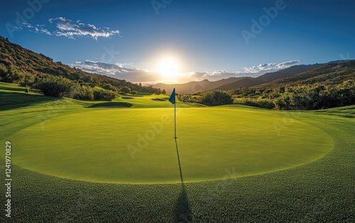 Golden hour golf: A serene sunset view over a lush green course, flagpole centered. photo