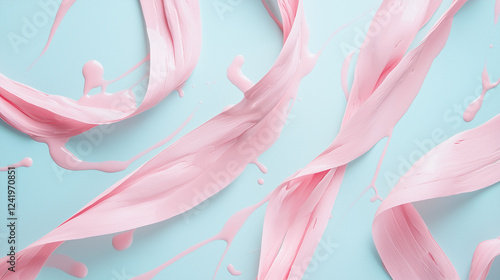 Pink Ribbons on Light Blue Pastel Background with Paint Splashes and Copy Space