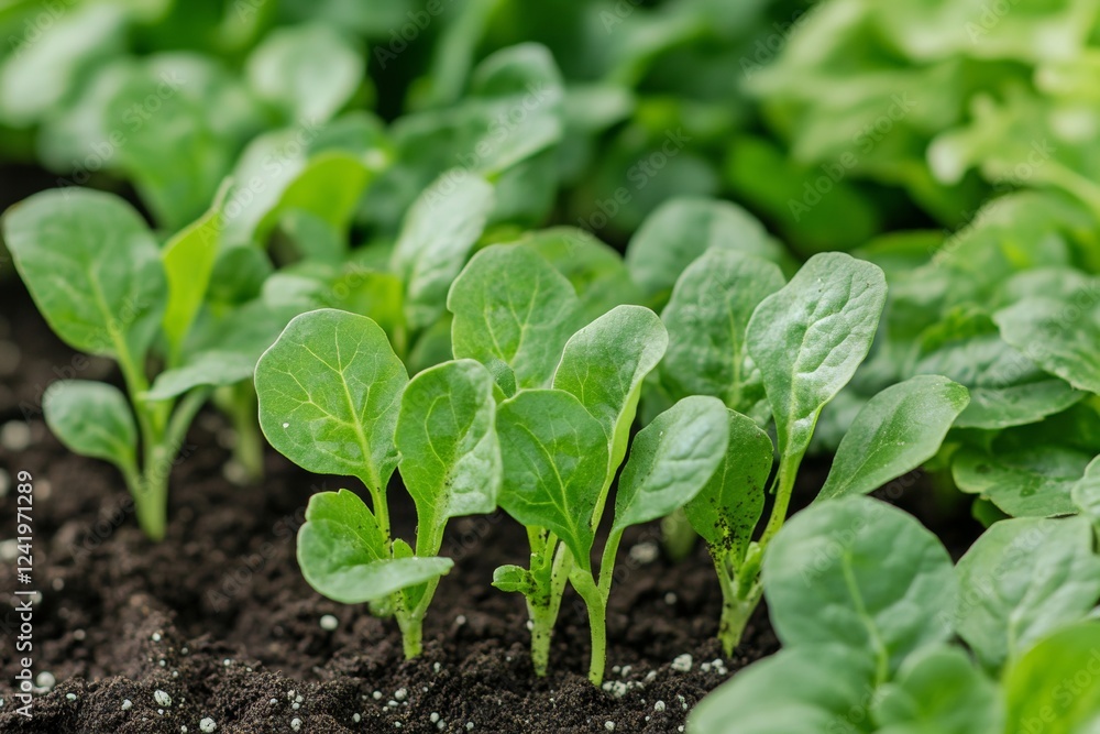 Young leafy green seedlings grow vigorously in nutrient-rich dark soil, showcasing their vibrant color and delicate structure. Soft focus enhances their beauty and vitality Young leafy green seedlings grow vigorously in nutrient-rich dark soil, showcasing their vibrant color and delicate structure. Soft focus enhances their beauty and vitality