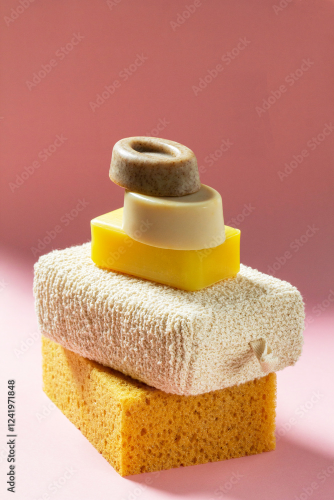 Set of bath accessories, sponges of different sizes and shapes and handmade soap on a pink background.