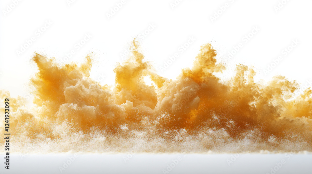 A fine spray of golden sand erupts into the air, forming a dynamic abstract cloud in motion. A fine spray of golden sand erupts into the air, forming a dynamic abstract cloud in motion.