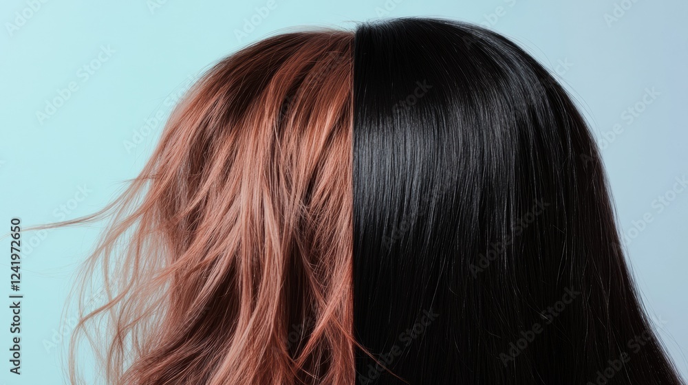 Comparison of damaged dull hair versus shiny healthy hair strands in a creative split view. Generative AI Comparison of damaged dull hair versus shiny healthy hair strands in a creative split view. Generative AI