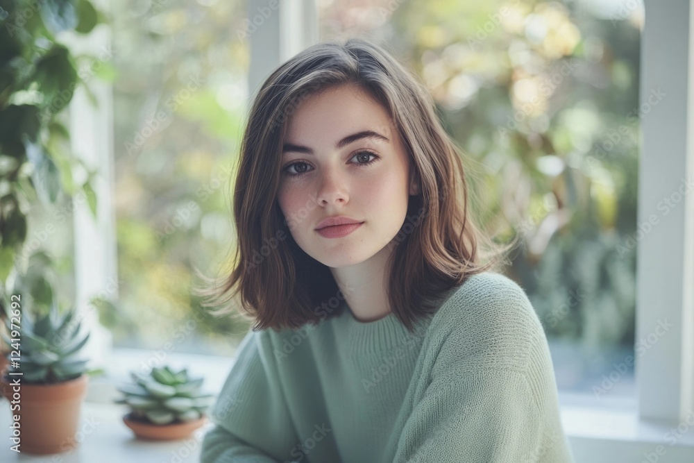 A young woman with shoulder-length brown hair, wearing a sage green sweater, sits near a window. A young woman with shoulder-length brown hair, wearing a sage green sweater, sits near a window.