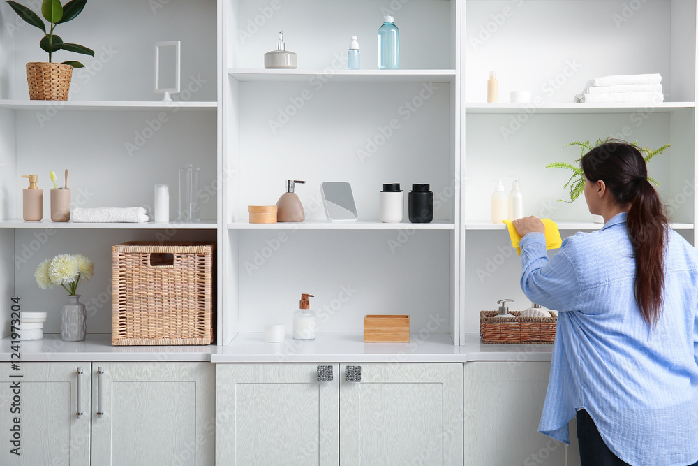 Young woman cleaning white shelving unit with different bath supplies and cosmetic products in bathroom Young woman cleaning white shelving unit with different bath supplies and cosmetic products in bathroom